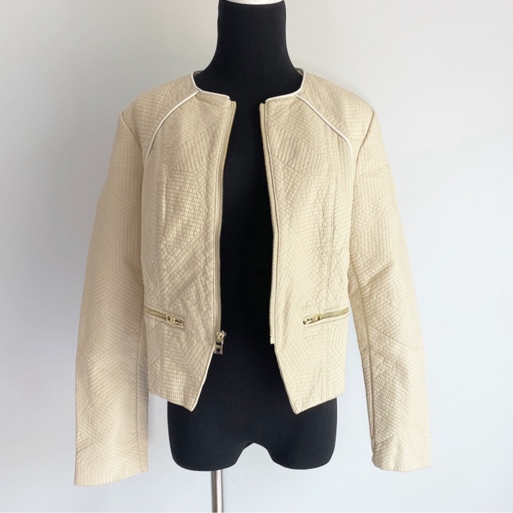 Marc NY by Andrew Marc Beige Vegan Leather Quilted Zip Moto Jacket